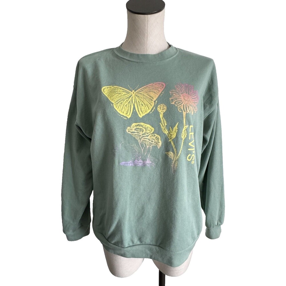 Levi’s Sweatshirt Butterflies & Flowers Light Green Crewneck Small